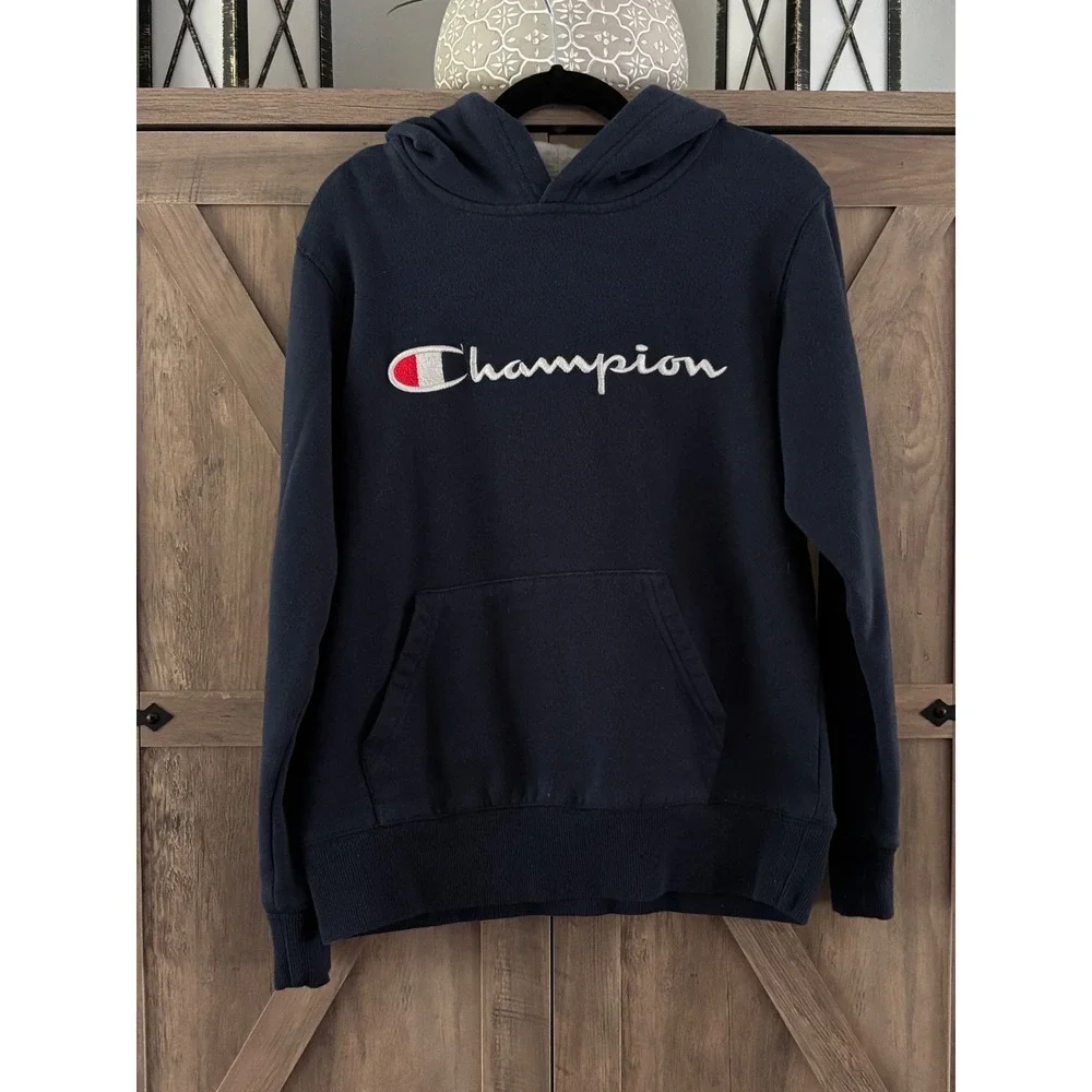 Champion Kids Navy Blue Embroidered Script Logo Pullover Hoodie Sweatshirt M